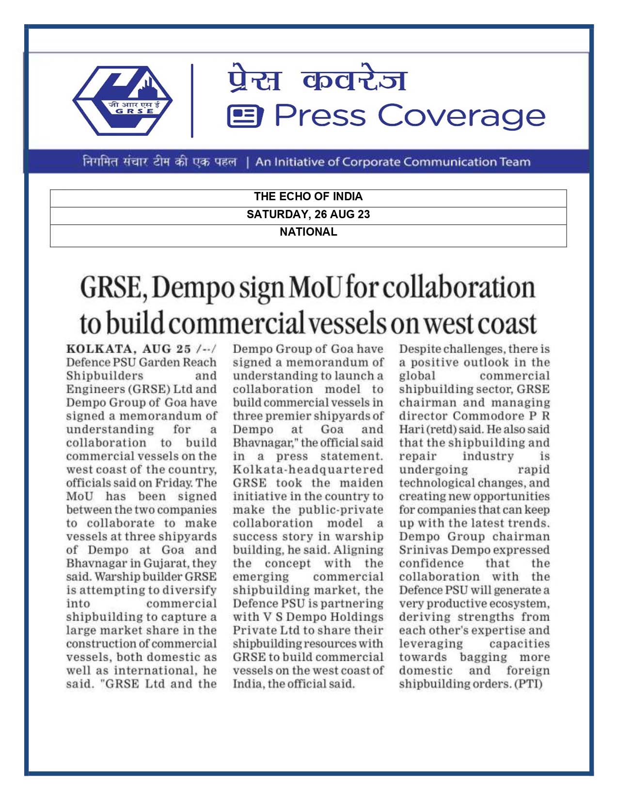 Press Coverage : The Echo of India, 26 Aug 23 : GRSE, Dempo sign MoU for collaboration to build commercial vessel on west coast